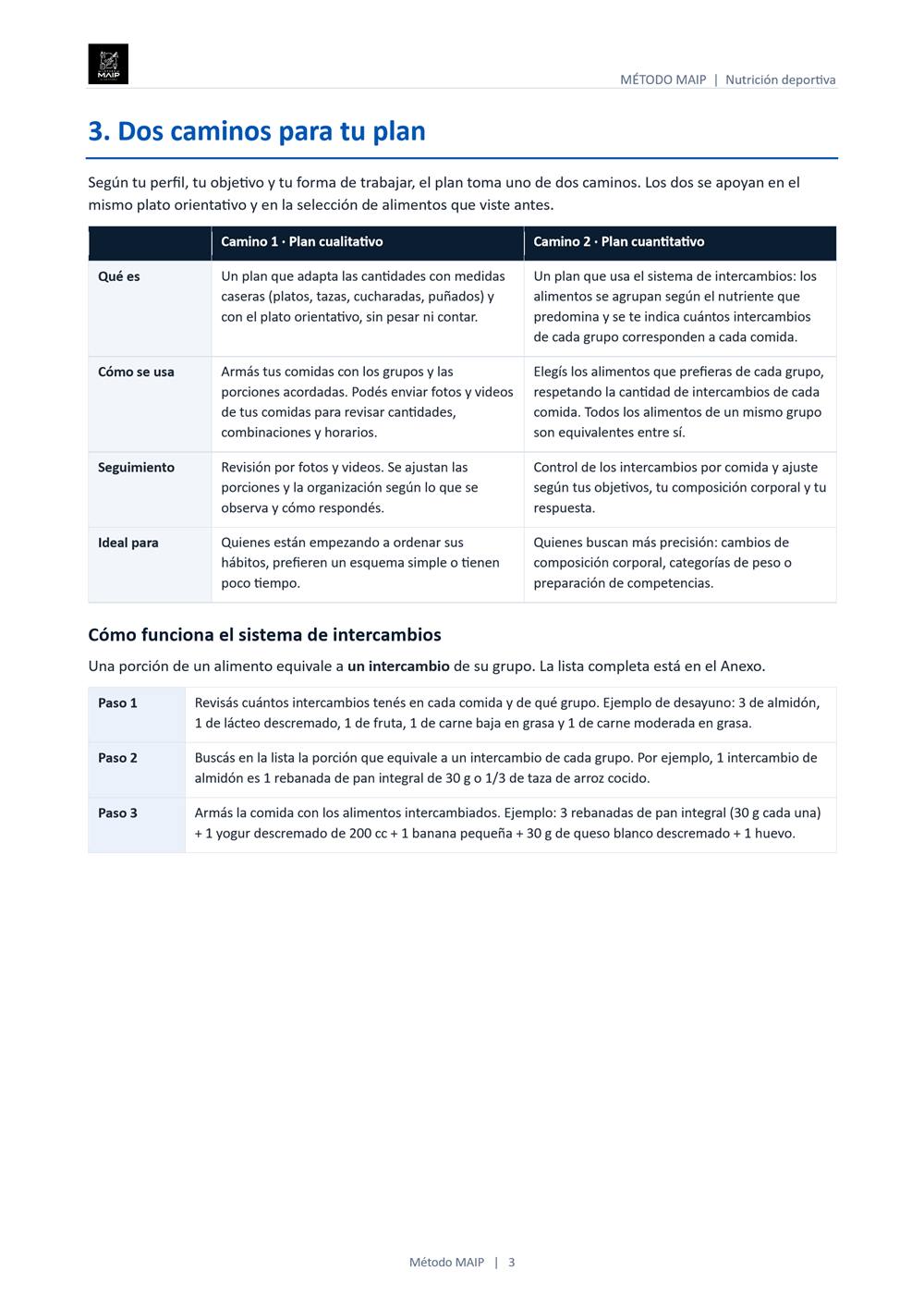 Documento del plan de alimentación, página 3: plan cualitativo y plan cuantitativo con el sistema de intercambios