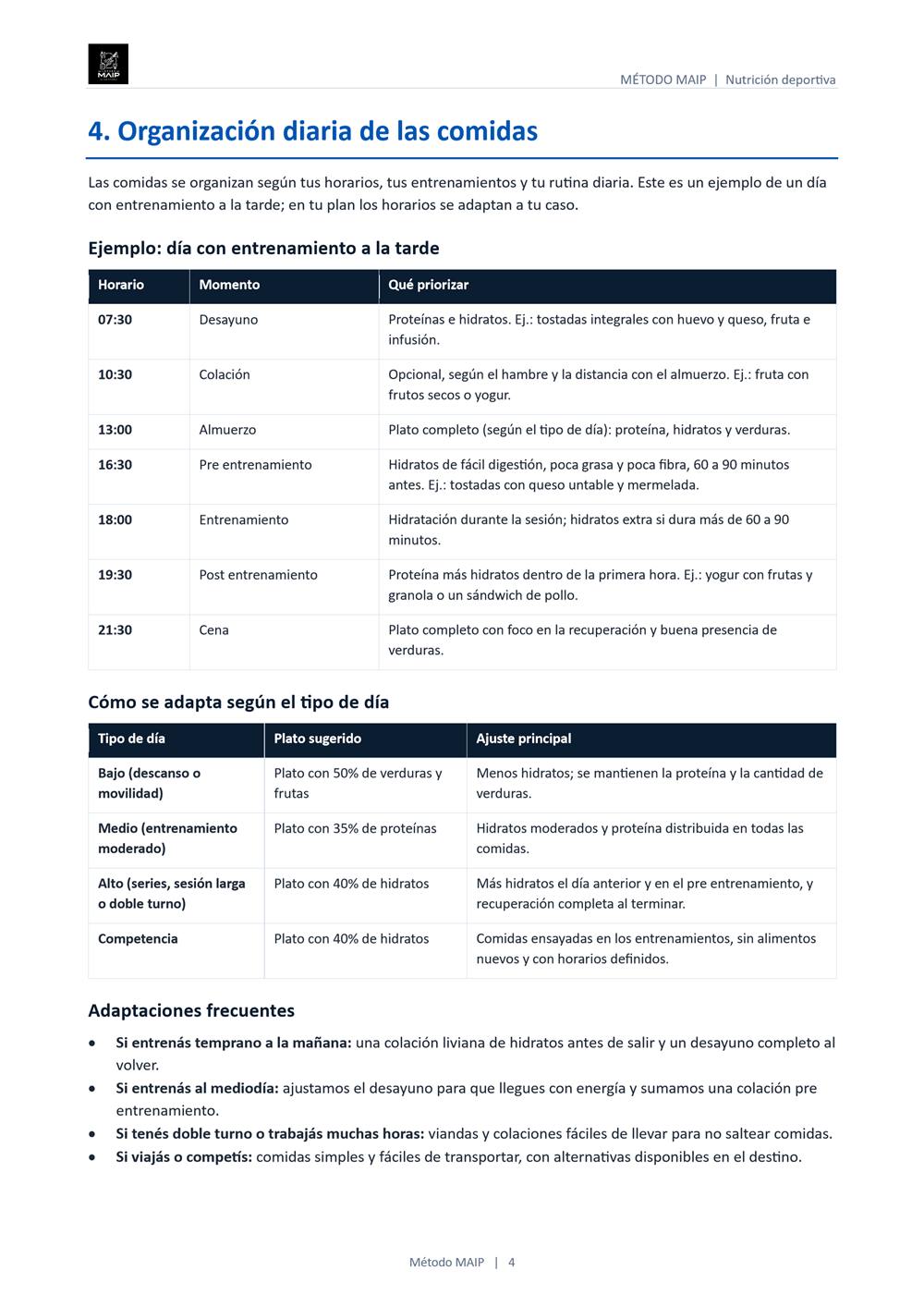 Documento del plan de alimentación, página 4: horarios de comidas de un día con entrenamiento y ajuste según el tipo de día