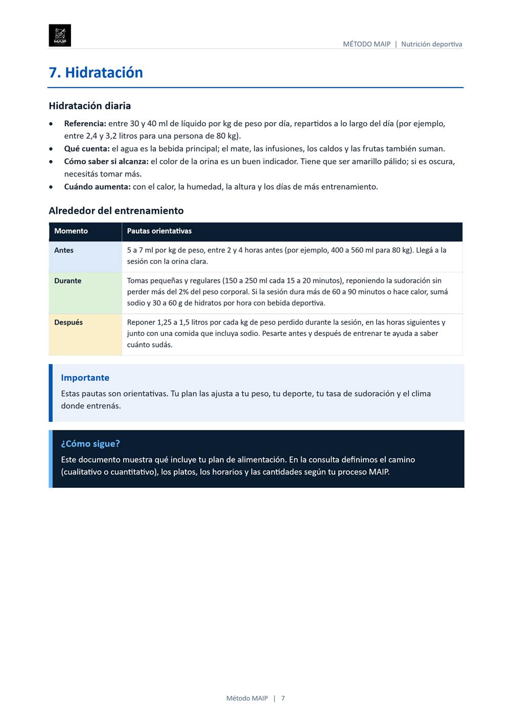 Documento del plan de alimentación, página 7: hidratación diaria y alrededor del entrenamiento
